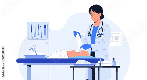 Doctor applying bandage to patient's leg during medical procedure in clinic