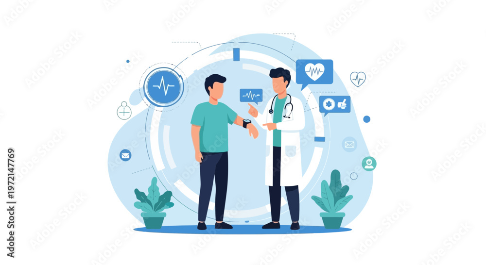 Naklejka premium Doctor checking patient's smartwatch for health data, modern healthcare technology concept