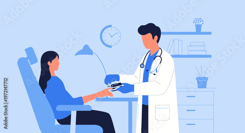 Doctor checking patient's blood sugar level with glucometer in clinic
