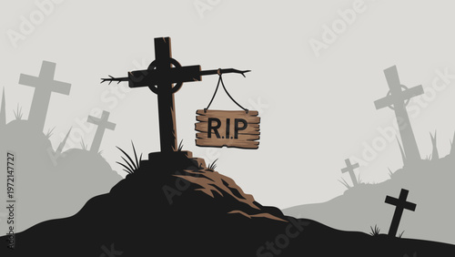 Spooky graveyard scene at dusk featuring a central wooden cross with a rip sign hanging from a rope in a misty and dark atmosphere.