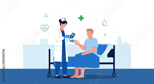 Doctor checking patient's blood sugar level with glucometer in hospital room