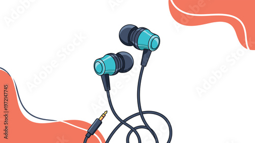 Pair of blue and black in ear headphones with a long wire and jack plug for listening to your favorite music on a digital device.