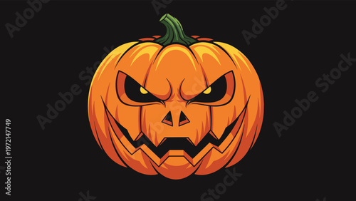 Intense and scary jack o lantern face with glowing yellow eyes and a jagged mouth on a dark black background for halloween marketing.
