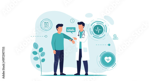 Doctor checking patient's smartwatch for health data analysis and medical consultation