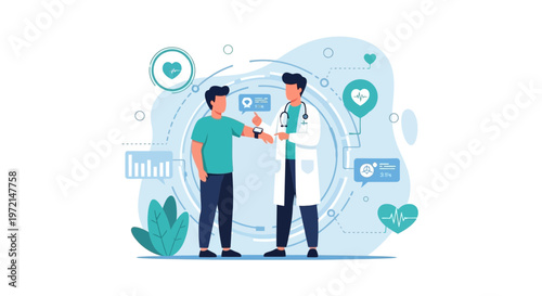 Doctor checking patient's smartwatch for health data, modern healthcare technology concept