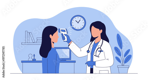 Doctor checking patient's temperature with infrared thermometer in clinic, healthcare concept