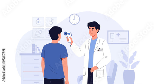 Doctor checking patient's temperature with infrared thermometer in clinic examination room
