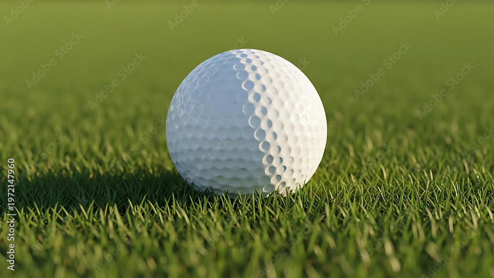 Obraz premium Golf ball on green grass close up view with detailed textures and shadows