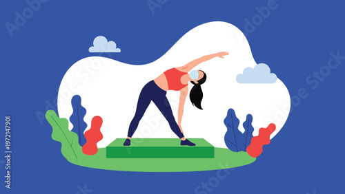 Active woman wearing a protective face mask while performing yoga stretches on a green mat in a peaceful outdoor park setting with clouds.