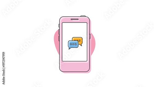 Pink smartphone displaying a chat application with colorful speech bubble icons for digital communication and texting with friends.