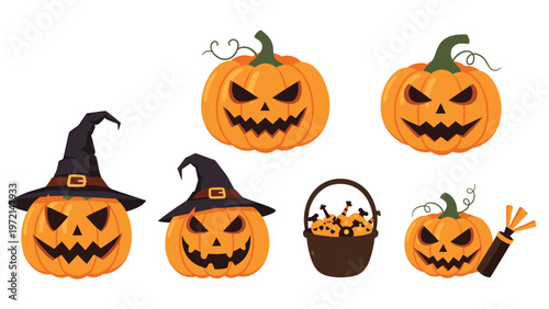 Diverse collection of halloween pumpkins with various expressions, witch hats, and a basket full of candy treats for festive celebration.