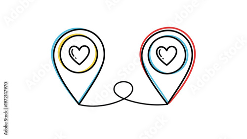Two map location pin icons containing hearts connected by a curved line representing long distance relationships or romantic travel plans.