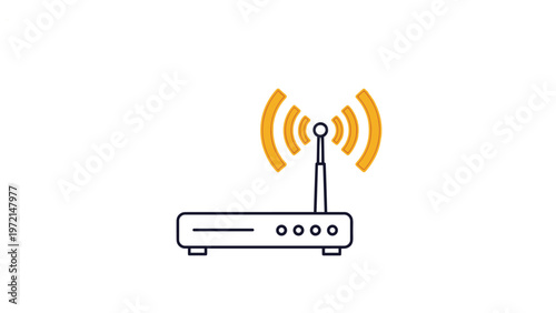 Wireless internet router device with a single antenna emitting orange signal waves for high speed connectivity in a home office.
