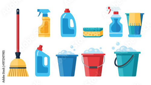 Comprehensive set of cleaning products including various spray bottles, detergent, buckets with suds, a sponge, and a yellow floor broom.