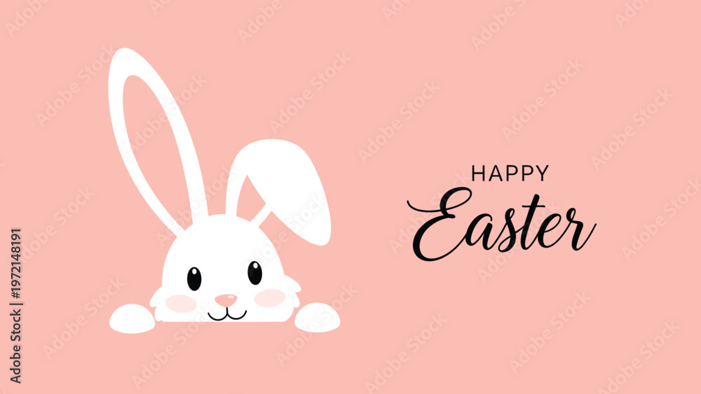 Obraz premium Adorable white easter bunny peeking from the bottom of a pink background with the text happy easter in elegant black typography for cards.