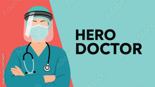 Dedicated female doctor wearing green scrubs a face mask and a transparent protective shield standing with arms crossed in clinic.