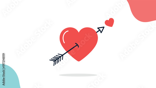Classic romantic symbol featuring a large red heart pierced by a cupid arrow with another small heart flying nearby on white.