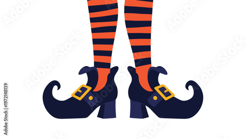 Lower half of a witch character wearing orange and black striped stockings and pointy buckled shoes for a halloween costume theme.