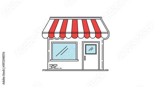 Small retail shop or boutique building with a classic red and white striped awning and a large display window for business concepts.