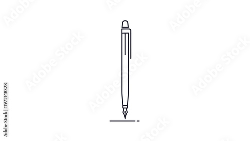 Simple black line art illustration of a fountain pen standing upright and ready to write on a white surface with a minimalist feel.