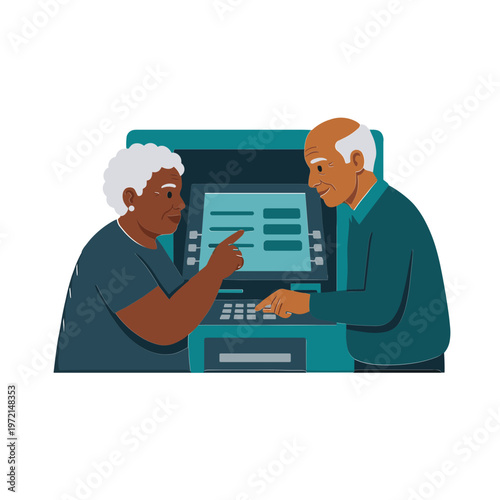 Two elderly men interact with a digital machine screen