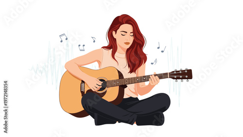 Talented young woman with long red hair sitting cross legged while playing a large acoustic guitar surrounded by floating musical notes.