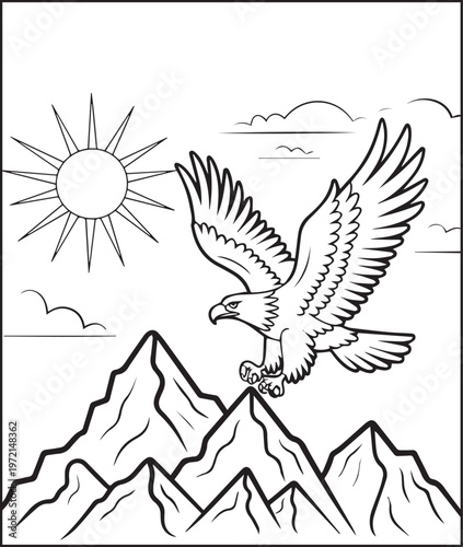 Mountain landscape outdoor scenery coloring page for kids, black line art vector illustration for activity book design
