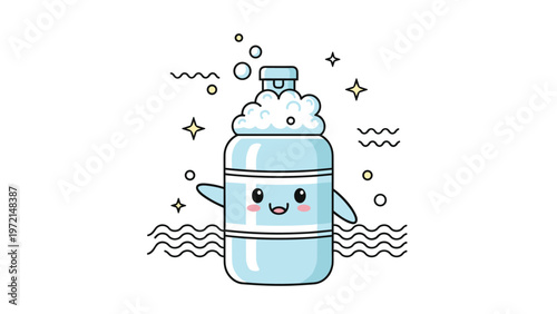 Adorable blue soap bottle character with a happy face and sudsy bubbles floating above against a playful background.