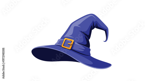 Iconic dark blue pointed witch hat featuring a purple band and a golden rectangular buckle on a plain white background.