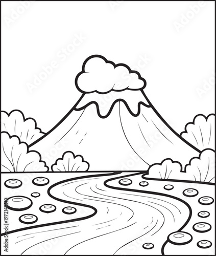 Mountain landscape outdoor scenery coloring page for kids, black line art vector illustration for activity book design