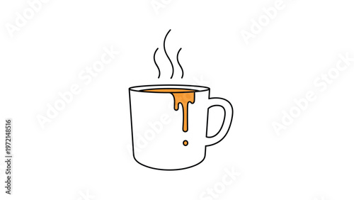 White ceramic coffee mug with hot orange beverage spilling out and steam rising above it in a simple flat cartoon vector illustration.