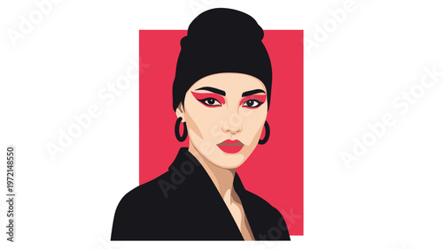 Dramatic portrait of a woman with sharp red eyeliner and black headwear set against a vibrant red square backdrop.