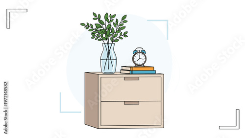 Modern bedside table with two drawers holding a vase of green leaves a stack of books and a small blue alarm clock.