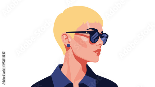 Chic profile of a woman with short blonde hair wearing dark blue sunglasses against a clean white background.