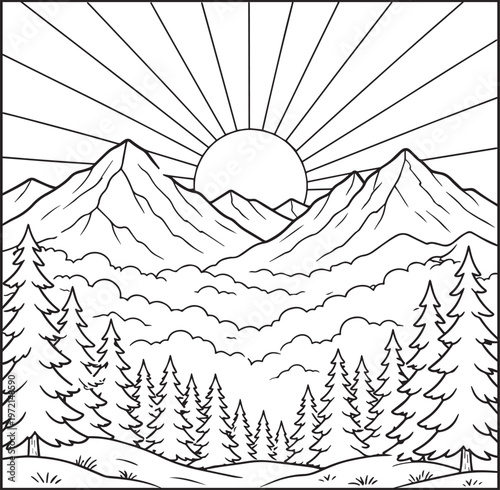 Mountain landscape with sunrise outdoor scenery coloring page for kids, black line art vector illustration for activity book design