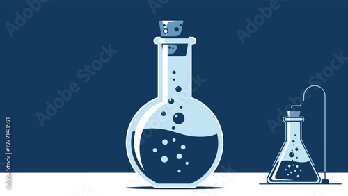 Set of laboratory glassware including a round bottom flask and an Erlenmeyer flask with bubbling blue liquid inside.