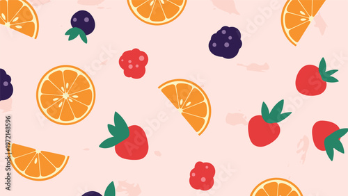 Colorful seamless pattern featuring orange slices strawberries blueberries and blackberries on a pink background.