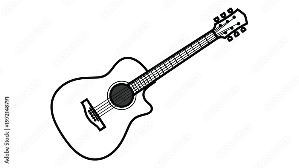 Fototapeta premium Simple black and white line art drawing of an acoustic guitar isolated on a white background for music themes or education projects.
