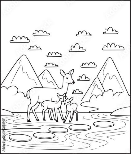 Mountain landscape with wildlife outdoor scenery coloring page for kids, black line art vector illustration for activity book design