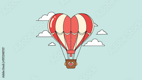 Large heart shaped hot air balloon with red and white stripes floating peacefully in a light blue sky with fluffy clouds.
