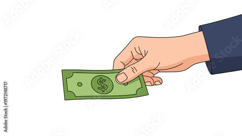 Human hand holding a green dollar bill representing payment, salary, wealth, or financial transactions in a simple cartoon style illustration.