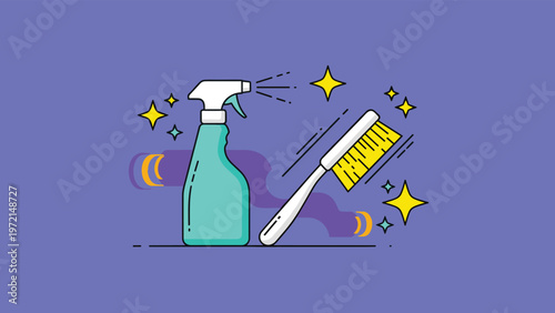 Housekeeping tools including a blue spray bottle and a yellow cleaning brush surrounded by stars and sparkles for cleanliness.