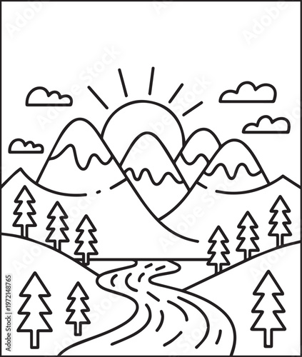 Mountain landscape outdoor scenery coloring page for kids, black line art vector illustration for activity book design