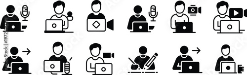 Digital content creator icons, online work silhouettes, laptop user vector, microphone speaker illustration, video editing design, educator art, modern communication