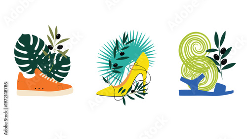 Artistic footwear illustrations combining sneakers, high heels, and sandals with elegant botanical leaves and abstract decorative shapes.