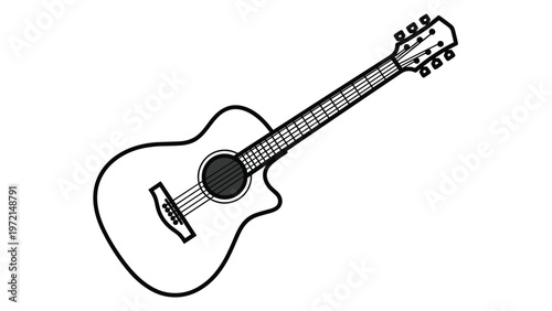 Simple black and white line art drawing of an acoustic guitar isolated on a white background for music themes or education projects.
