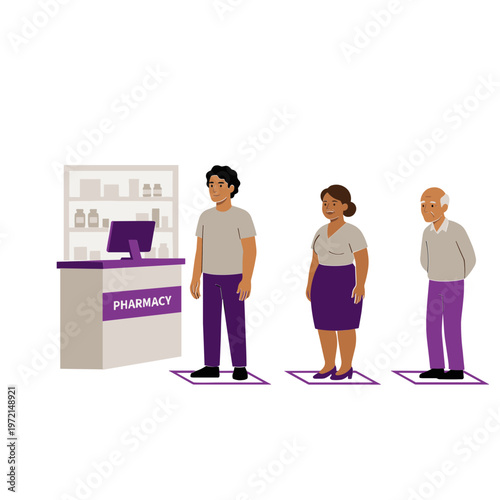 People stand in line at pharmacy counter with social distancing marks