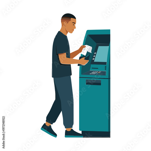 Man using an ATM machine with card and cash in hand indoors