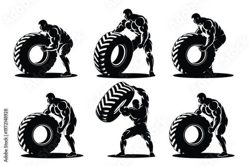 Strong muscular men performing tire flips in a dynamic fitness workout showcasing strength endurance and athleticism in a black and white silhouette style