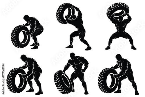 Silhouettes of muscular men performing tire flip exercises in a sequence showcasing strength and fitness with dynamic poses in a minimalist black and white style